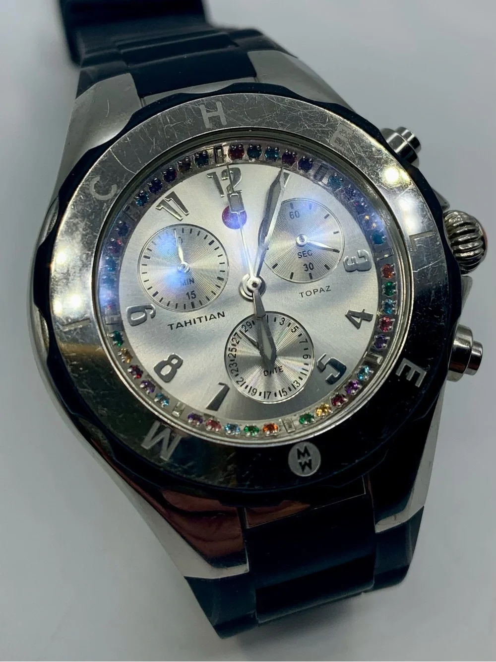Tahitian Topaz Multi-Stone Chronograph Watch in Black and Silver